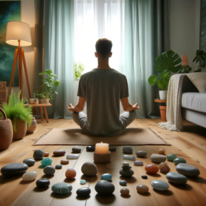Meditierende Person vor Heilsteinen